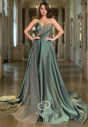 A-Line Strapless Sleeveless Pleated Glitter Tulle Long Prom Party Dress