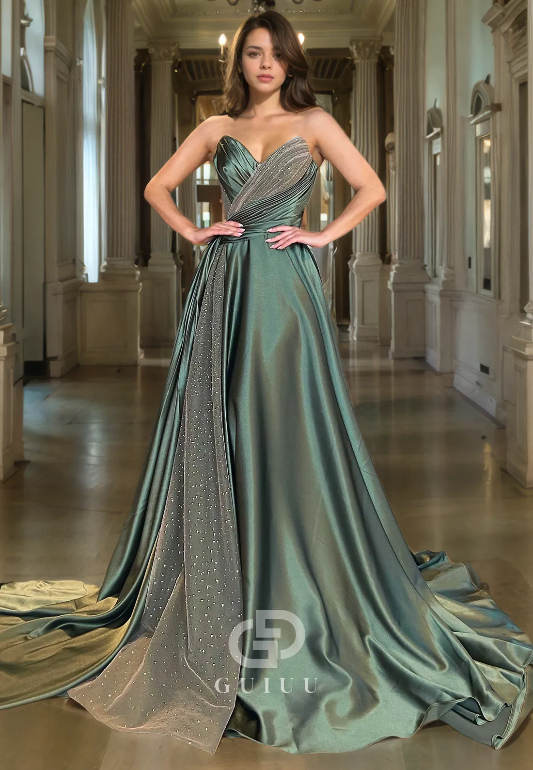 A-Line Strapless Sleeveless Pleated Glitter Tulle Long Prom Party Dress
