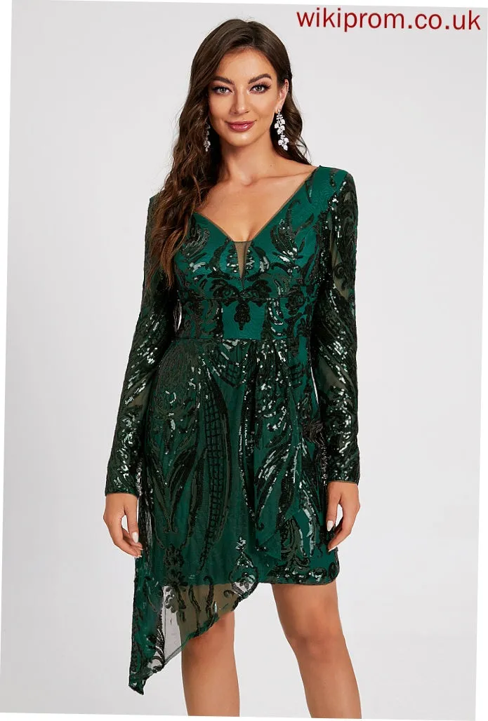 Asymmetrical Sequined Cocktail Dresses Lace Dress Lace Cocktail Sequins Sheath/Column Sierra V-neck With