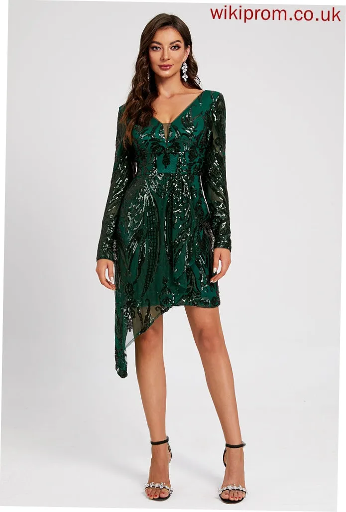 Asymmetrical Sequined Cocktail Dresses Lace Dress Lace Cocktail Sequins Sheath/Column Sierra V-neck With