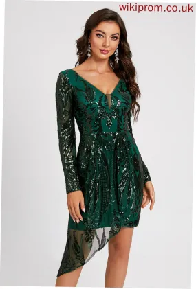 Asymmetrical Sequined Cocktail Dresses Lace Dress Lace Cocktail Sequins Sheath/Column Sierra V-neck With