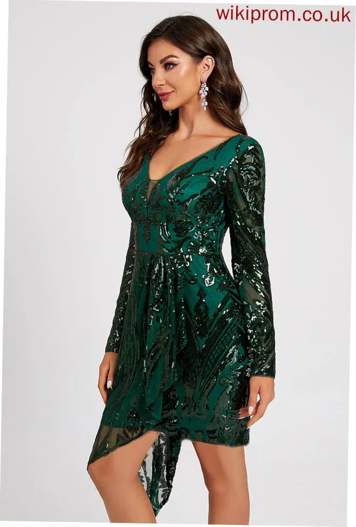Asymmetrical Sequined Cocktail Dresses Lace Dress Lace Cocktail Sequins Sheath/Column Sierra V-neck With