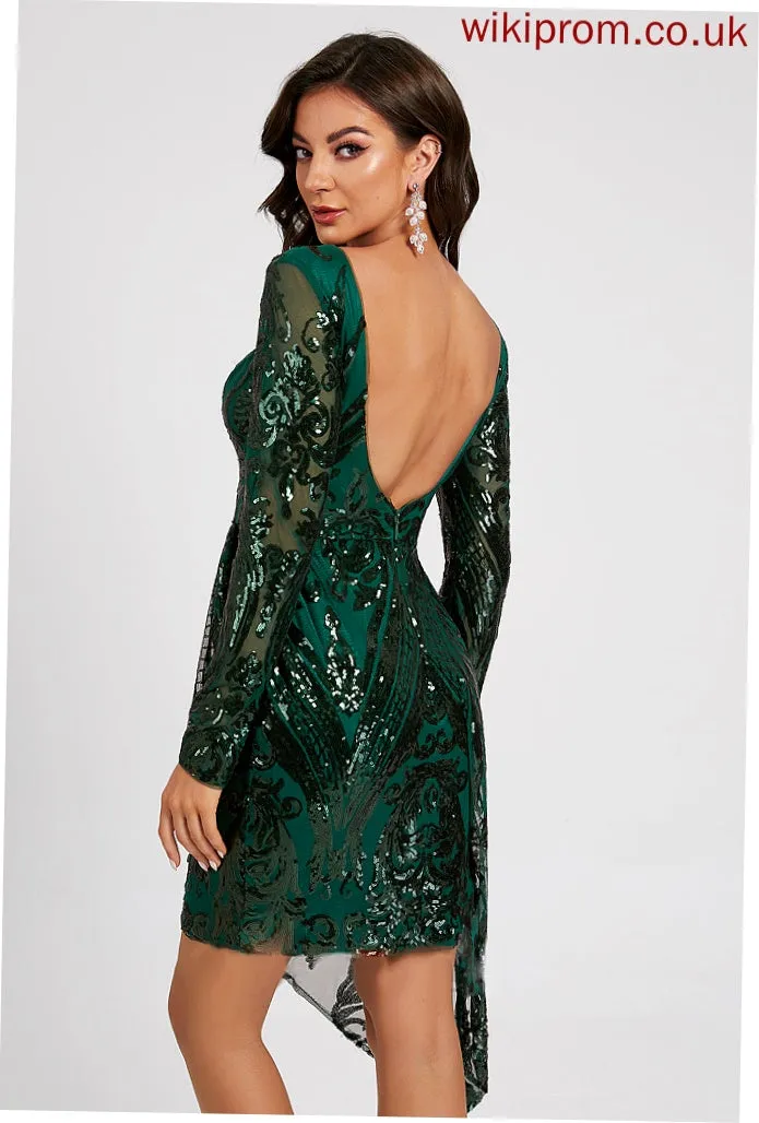 Asymmetrical Sequined Cocktail Dresses Lace Dress Lace Cocktail Sequins Sheath/Column Sierra V-neck With