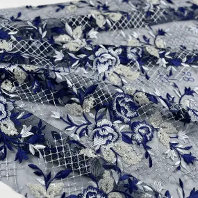Blue and White Floral Sequin Embroidered Tulle Lace Fabric