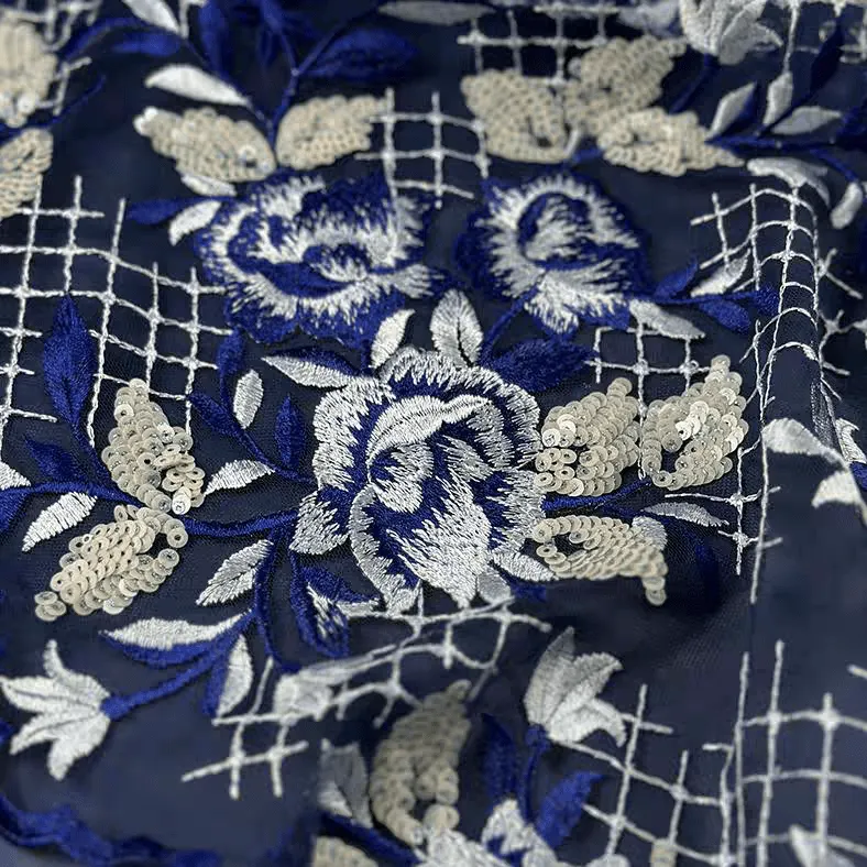 Blue and White Floral Sequin Embroidered Tulle Lace Fabric