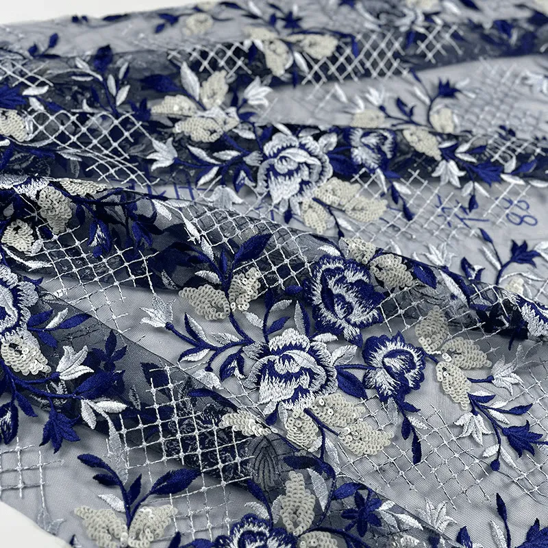 Blue and White Floral Sequin Embroidered Tulle Lace Fabric