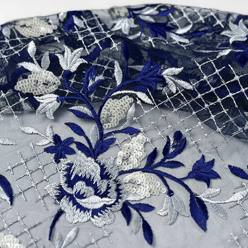 Blue and White Floral Sequin Embroidered Tulle Lace Fabric