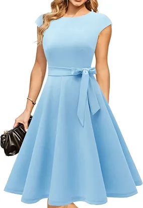 Blue Women Casual Dresses Vintage Cocktail Tea Party Dress A-Line Summer Work Dress - DRESSTELLS