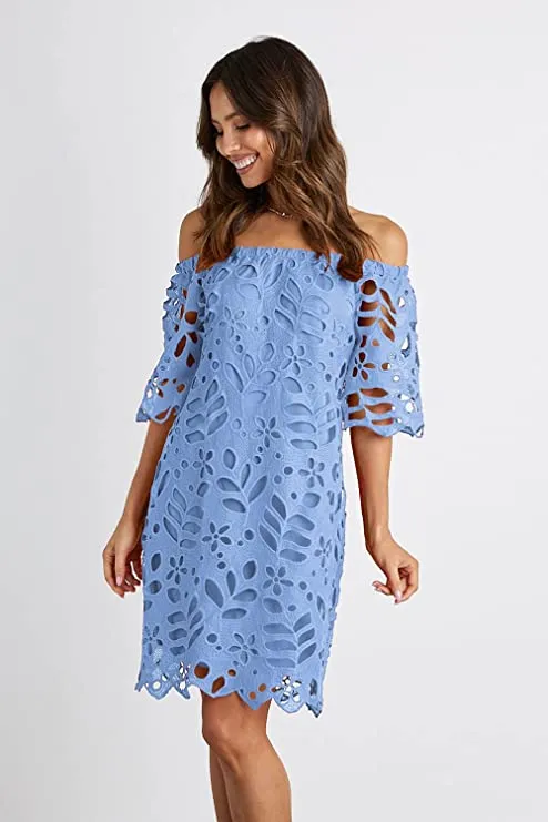 Blue Women's Summer Off Shoulder Vintage Floral Lace Flare Short Sleeve Loose Elegant Mini Dress - PRETTYGARDEN