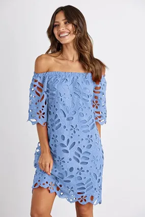 Blue Women's Summer Off Shoulder Vintage Floral Lace Flare Short Sleeve Loose Elegant Mini Dress - PRETTYGARDEN