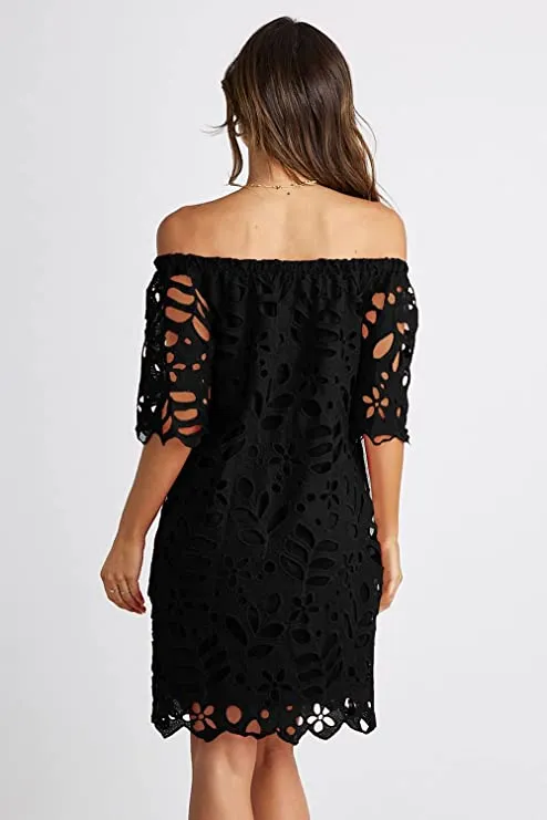 Blue Women's Summer Off Shoulder Vintage Floral Lace Flare Short Sleeve Loose Elegant Mini Dress - PRETTYGARDEN