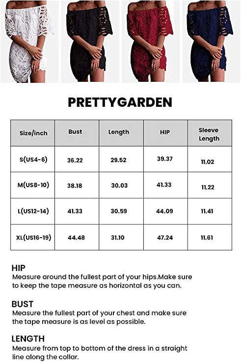 Blue Women's Summer Off Shoulder Vintage Floral Lace Flare Short Sleeve Loose Elegant Mini Dress - PRETTYGARDEN