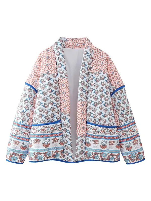 Blue Zone Planet |  Laura's Autumn and Winter Lapel Printed Patchwork Thin Quilted Coat