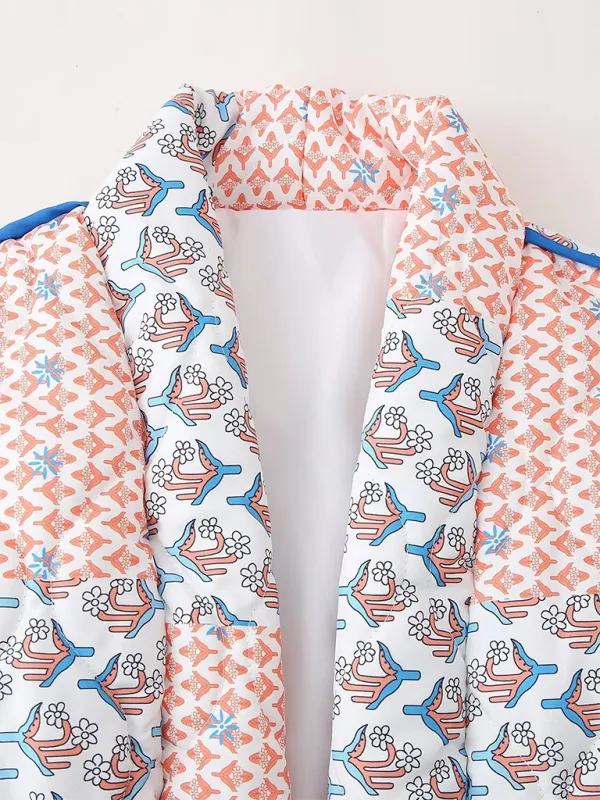 Blue Zone Planet |  Laura's Autumn and Winter Lapel Printed Patchwork Thin Quilted Coat