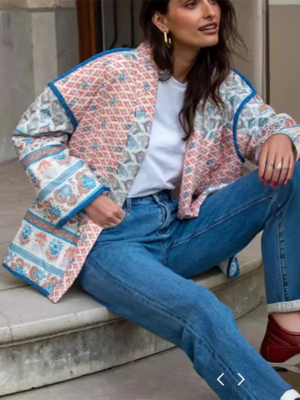 Blue Zone Planet |  Laura's Autumn and Winter Lapel Printed Patchwork Thin Quilted Coat