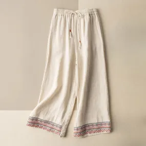 Buddha Stones Casual Embroidery Bohemian Pattern Drawstring Cotton Linen Women's Wide Leg Pants With Pockets