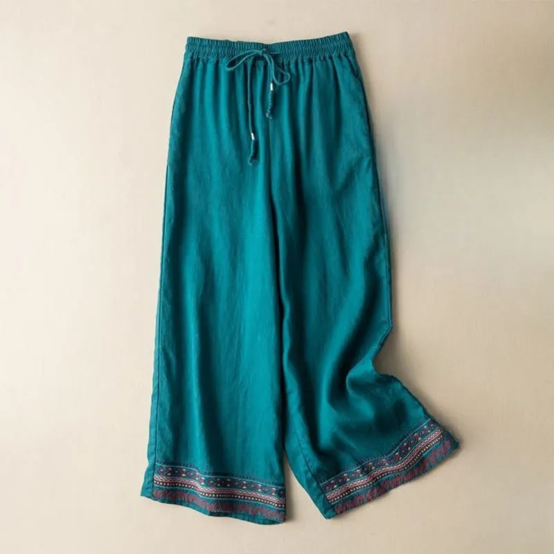 Buddha Stones Casual Embroidery Bohemian Pattern Drawstring Cotton Linen Women's Wide Leg Pants With Pockets