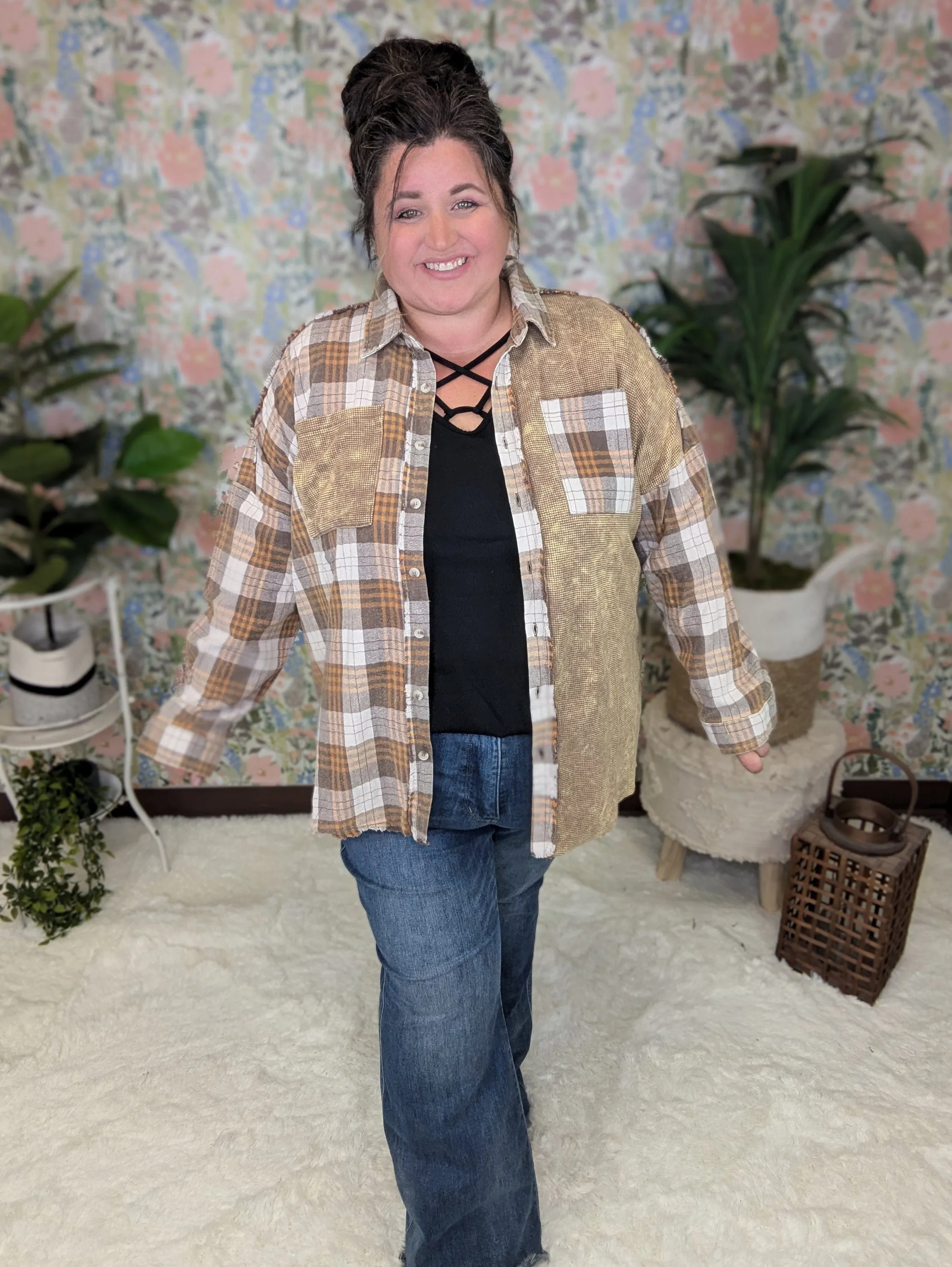 Calla Plaid   Waffle Mix Long Sleeve Buttondown Top (3 colors!)