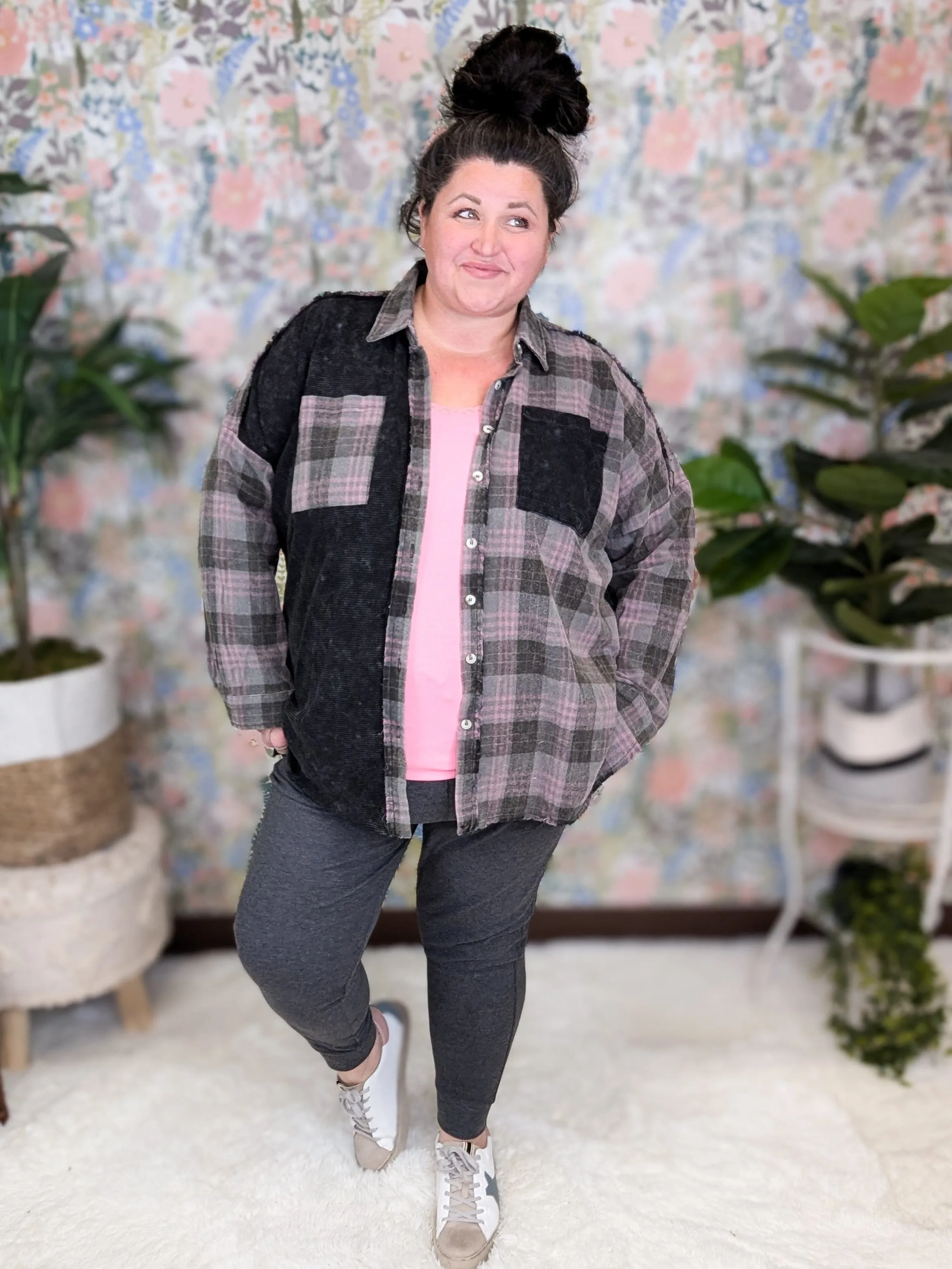Calla Plaid   Waffle Mix Long Sleeve Buttondown Top (3 colors!)