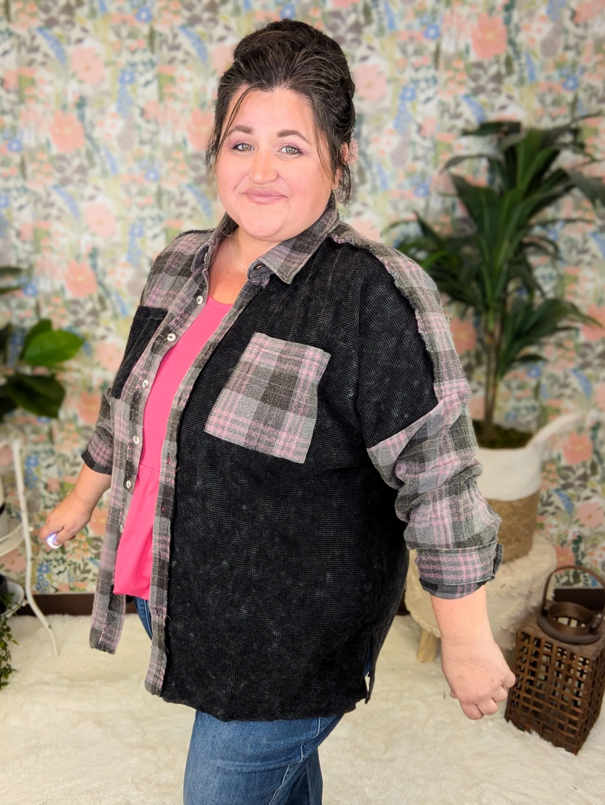 Calla Plaid   Waffle Mix Long Sleeve Buttondown Top (3 colors!)