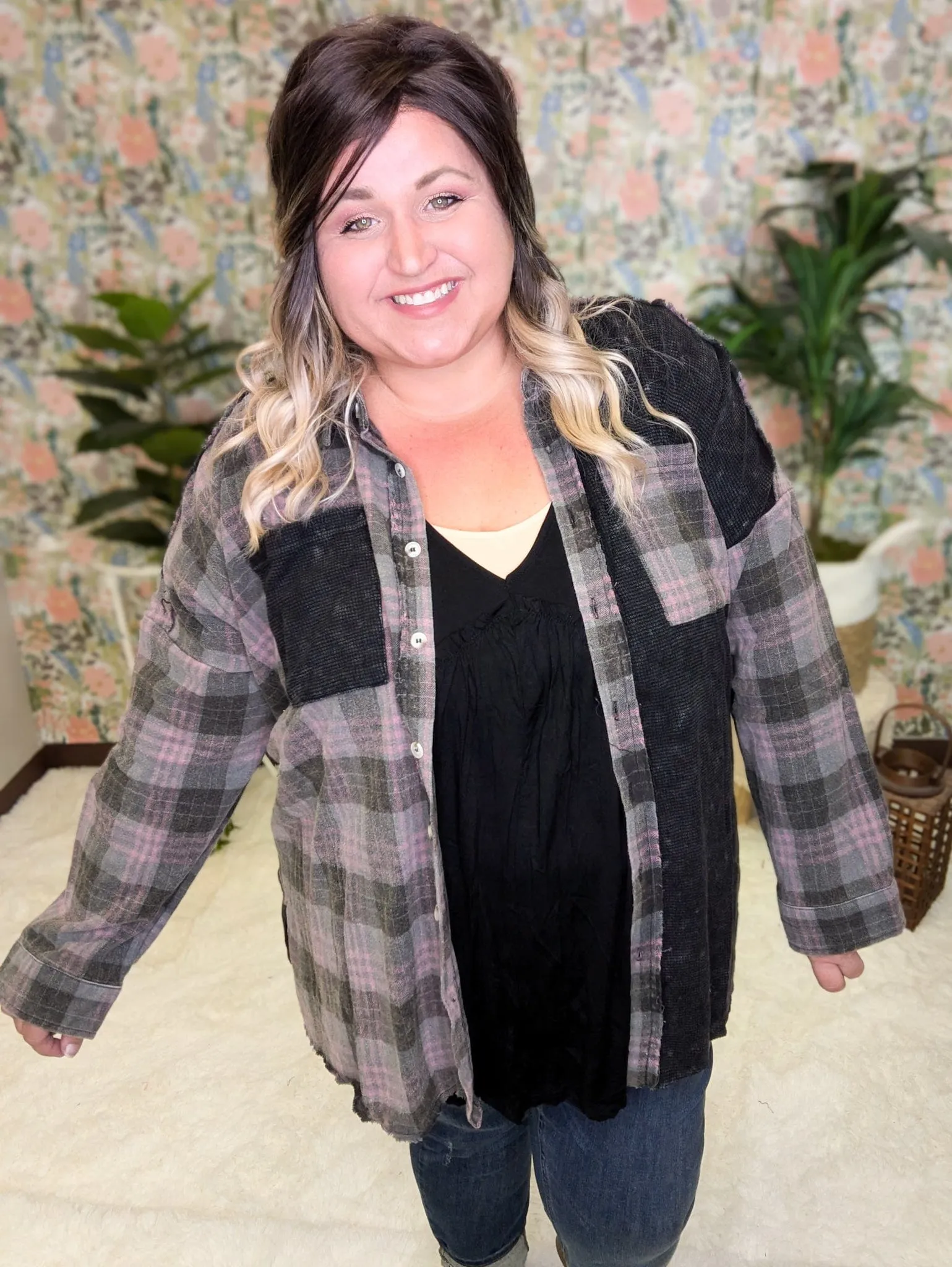 Calla Plaid   Waffle Mix Long Sleeve Buttondown Top (3 colors!)