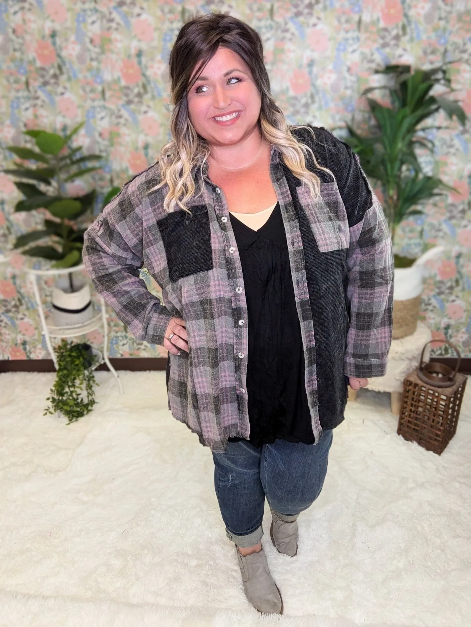 Calla Plaid   Waffle Mix Long Sleeve Buttondown Top (3 colors!)
