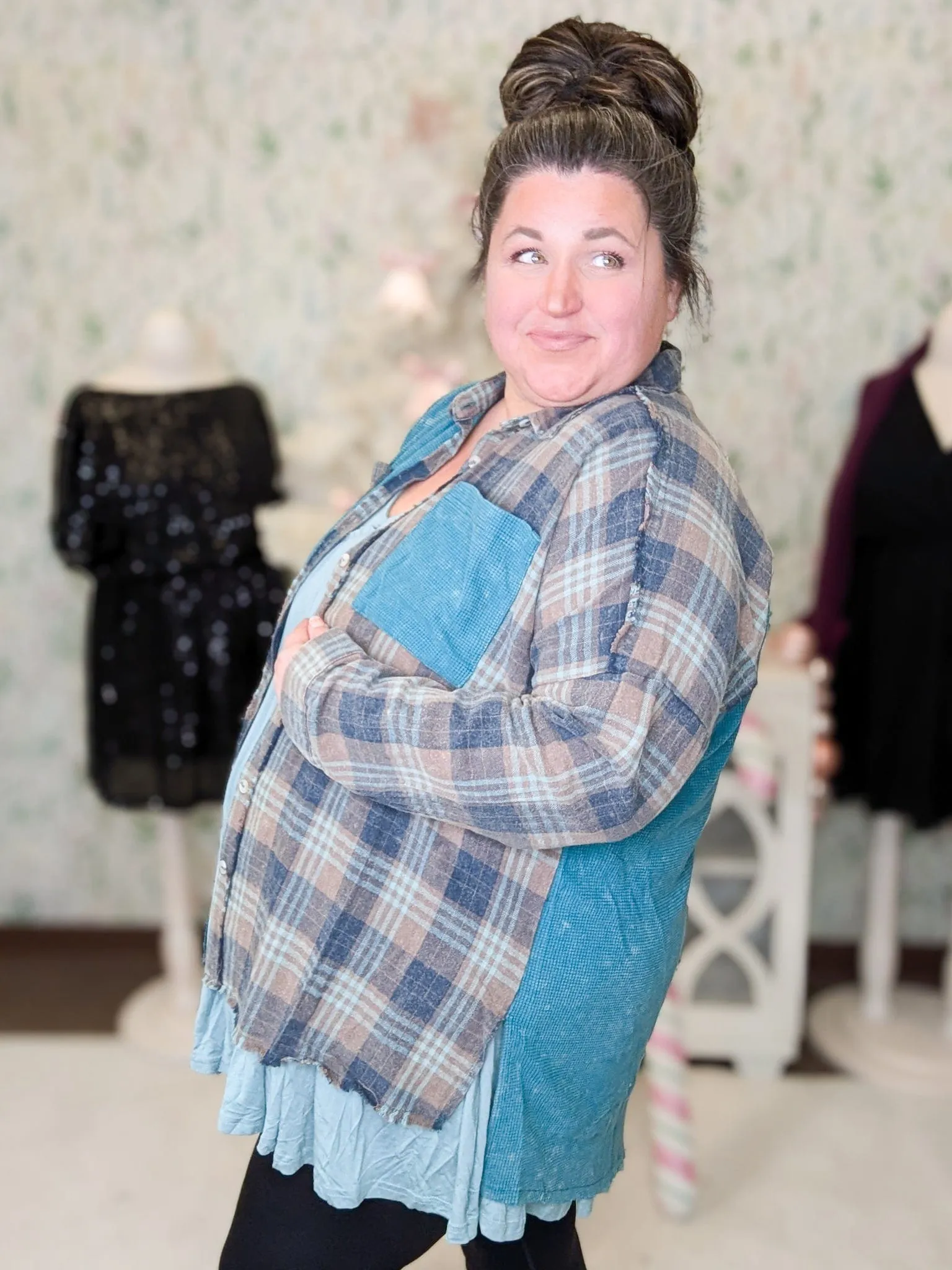 Calla Plaid   Waffle Mix Long Sleeve Buttondown Top (3 colors!)