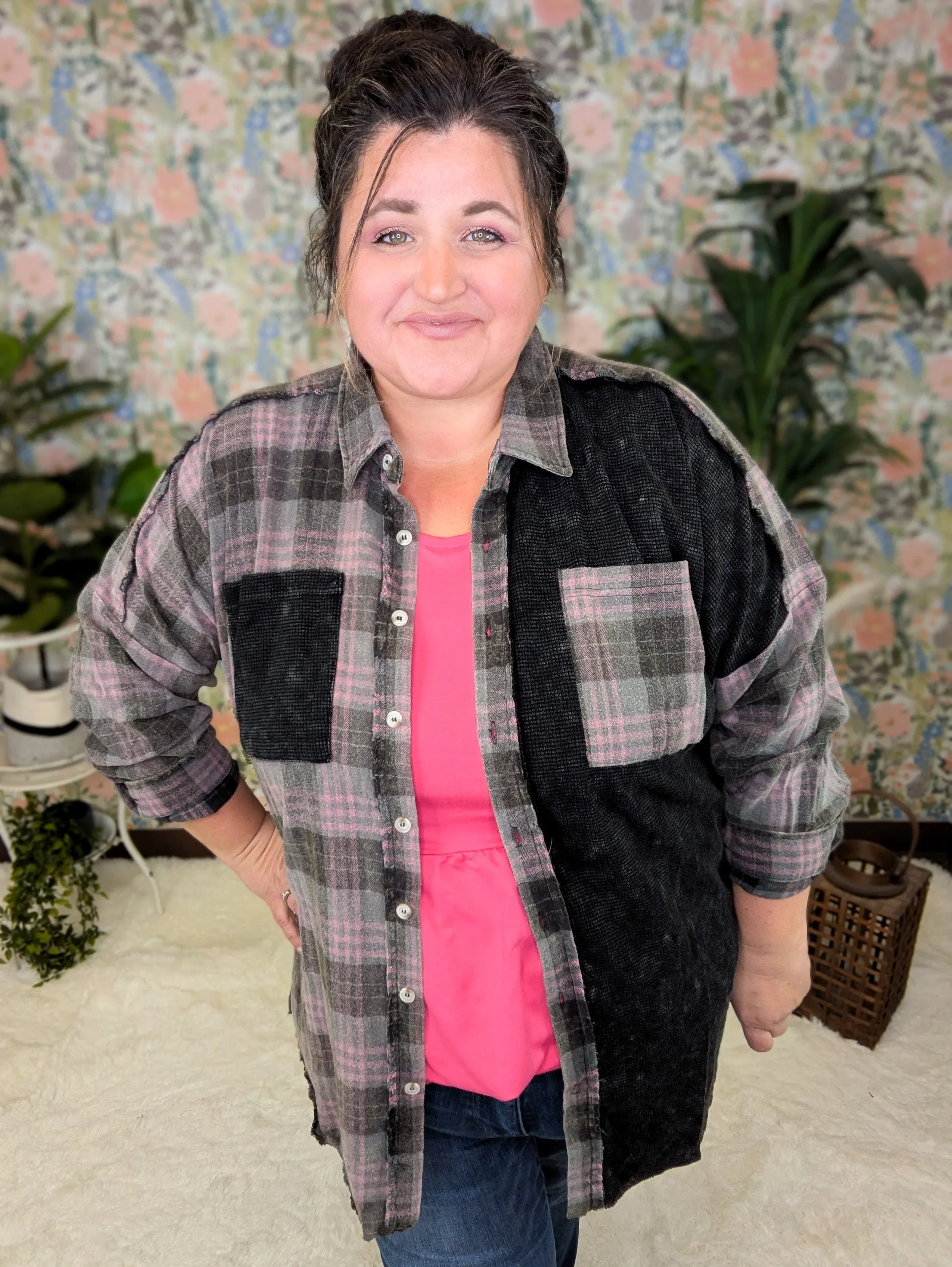 Calla Plaid   Waffle Mix Long Sleeve Buttondown Top (3 colors!)