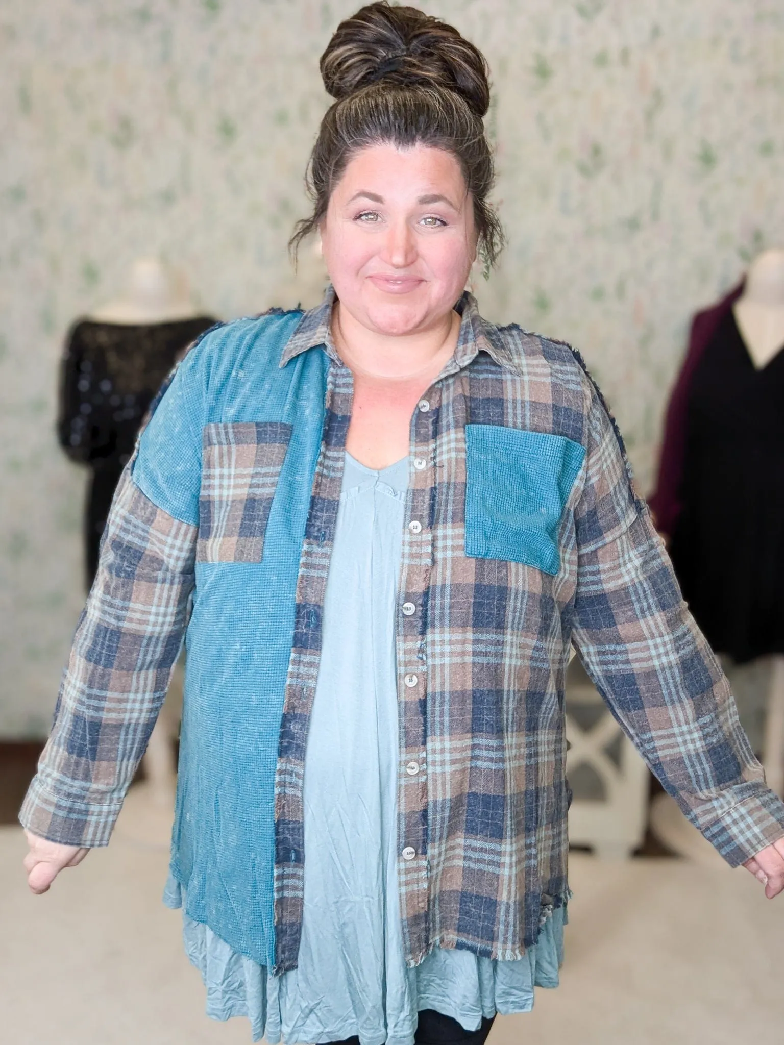 Calla Plaid   Waffle Mix Long Sleeve Buttondown Top (3 colors!)