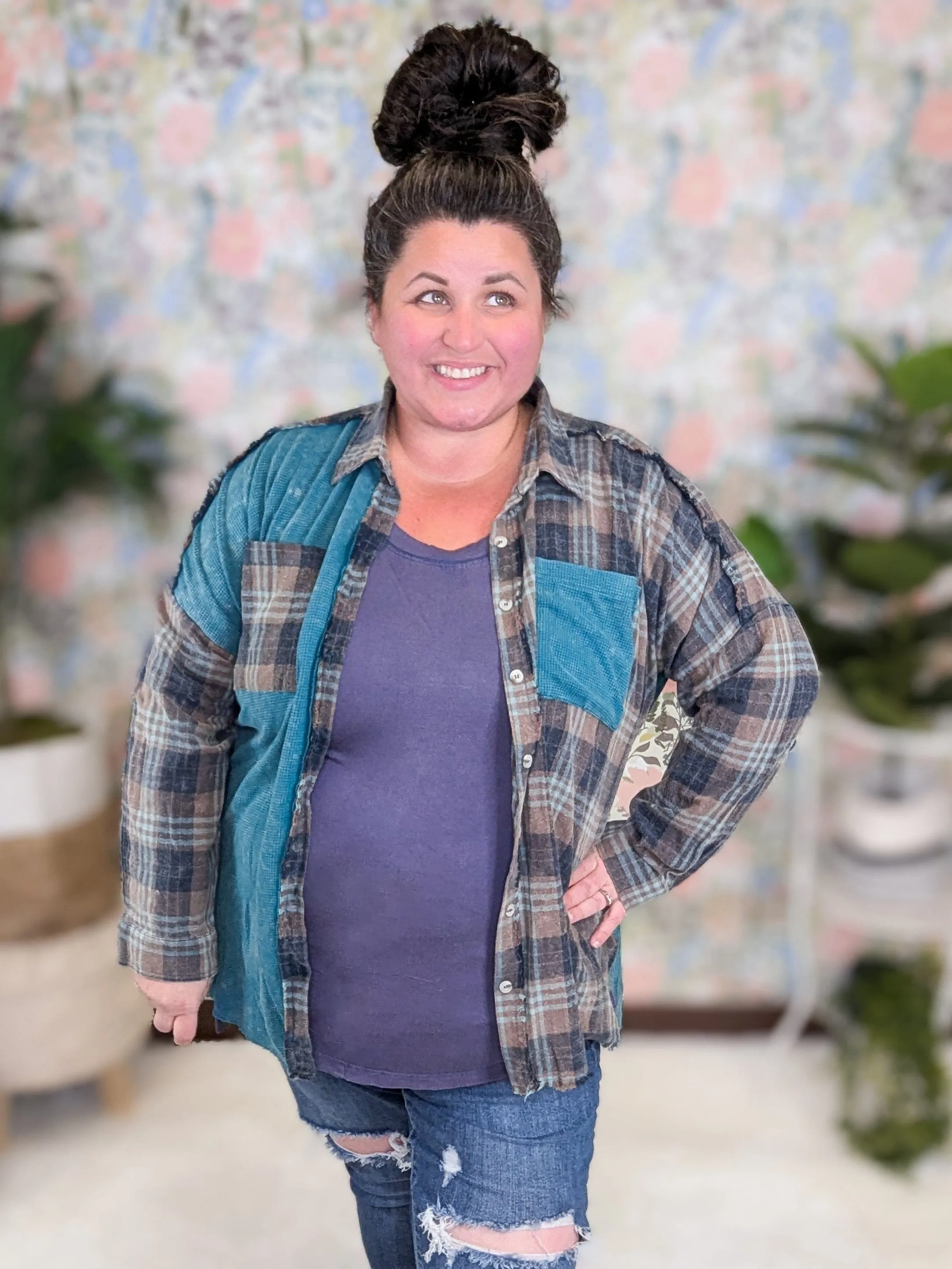 Calla Plaid   Waffle Mix Long Sleeve Buttondown Top (3 colors!)