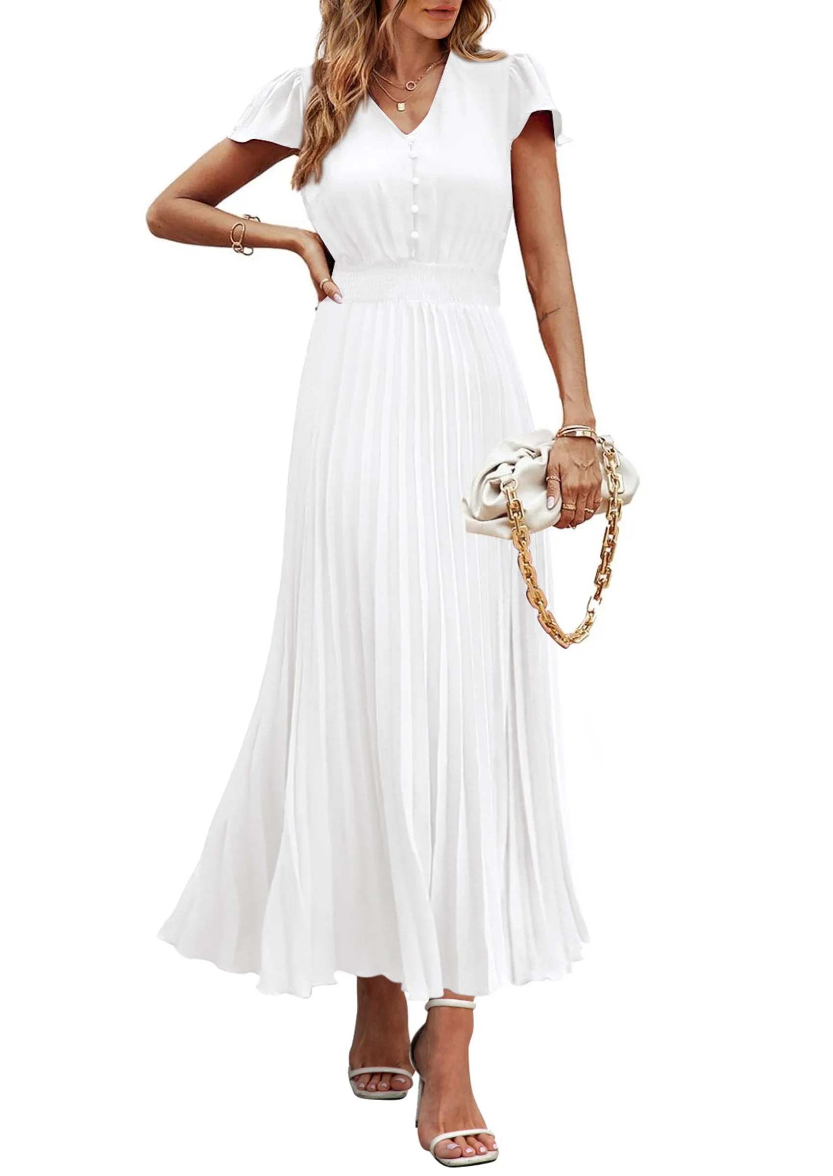 Casual Button V Neck Ruffle Cap Sleeve Long Flowy Pleated Maxi Dresses