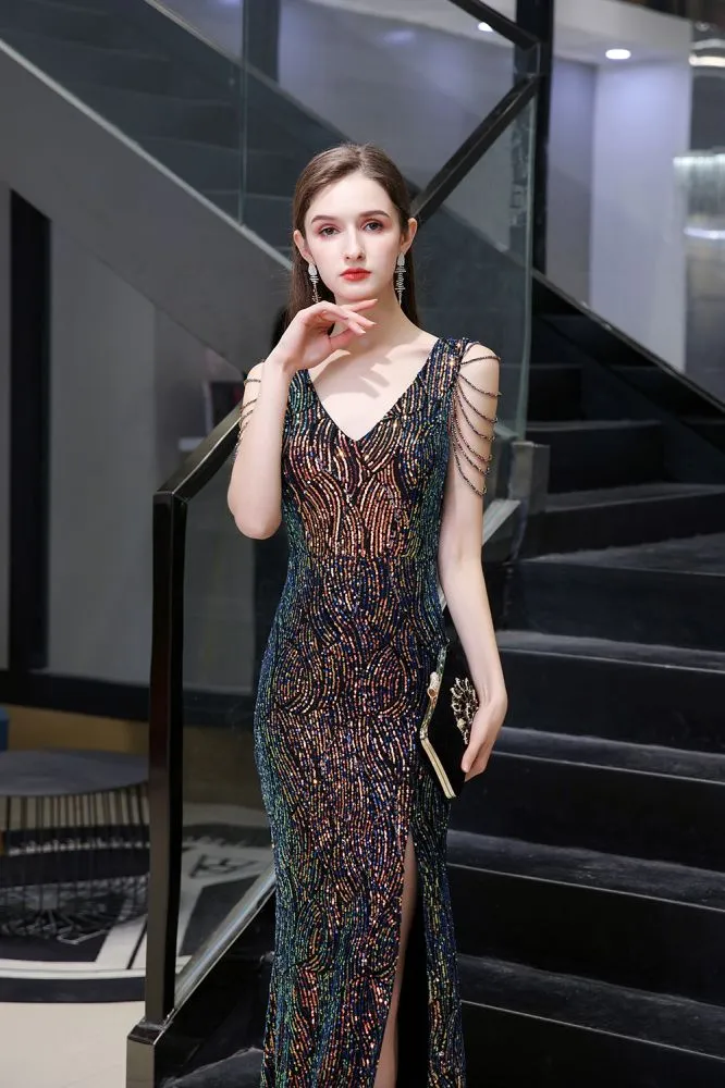 Charming Sparkly Sequins Beading Side Slit Prom Dress Floor Length