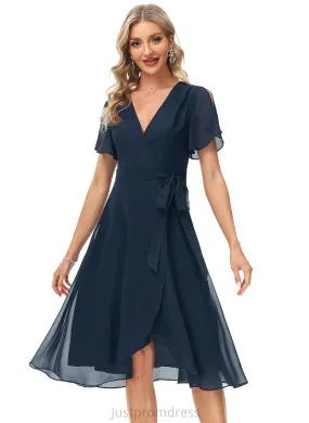 Chiffon Alisson A-Line With Cocktail Dresses Knee-Length V-neck Sash Dress Cocktail