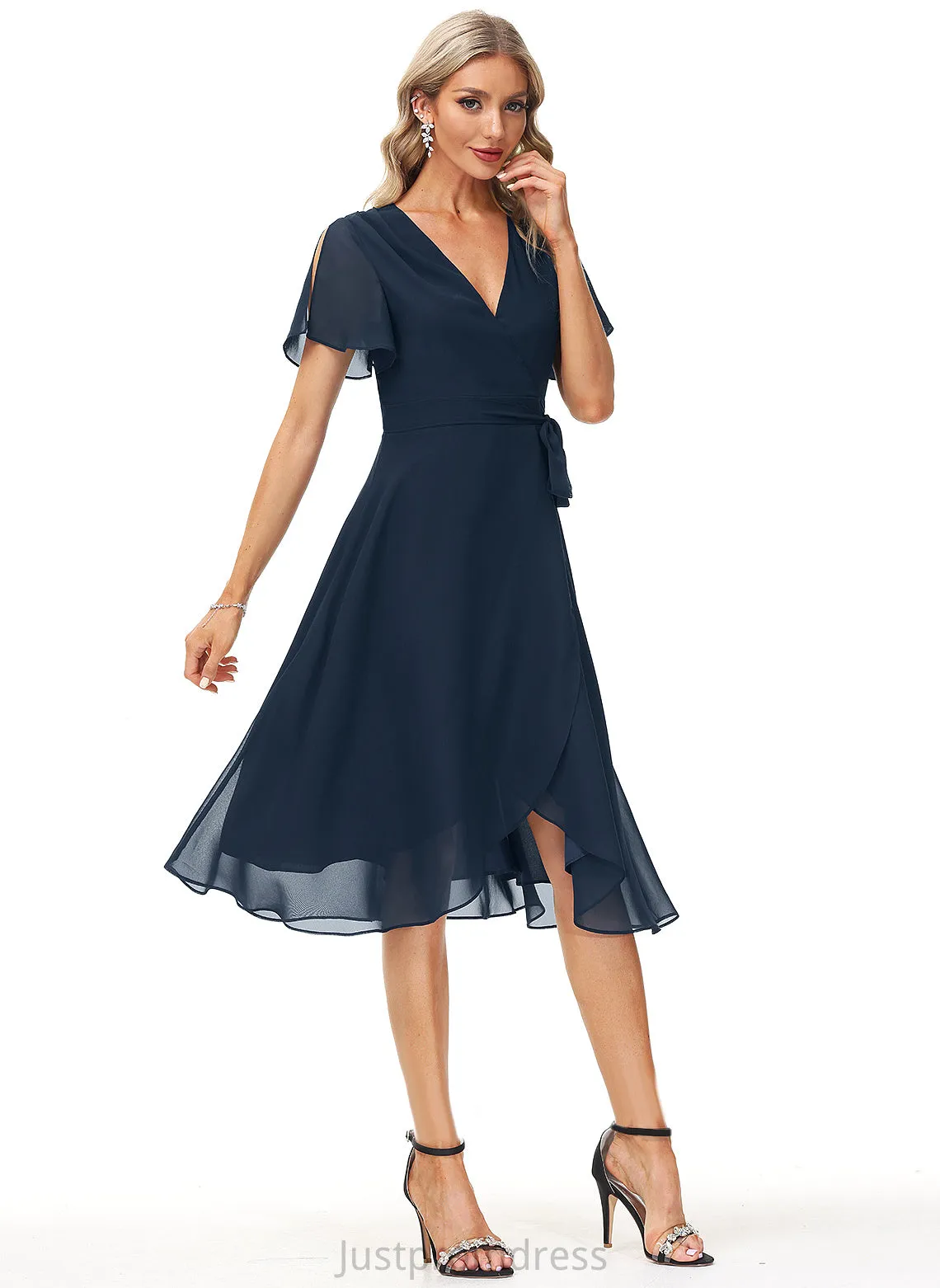 Chiffon Alisson A-Line With Cocktail Dresses Knee-Length V-neck Sash Dress Cocktail