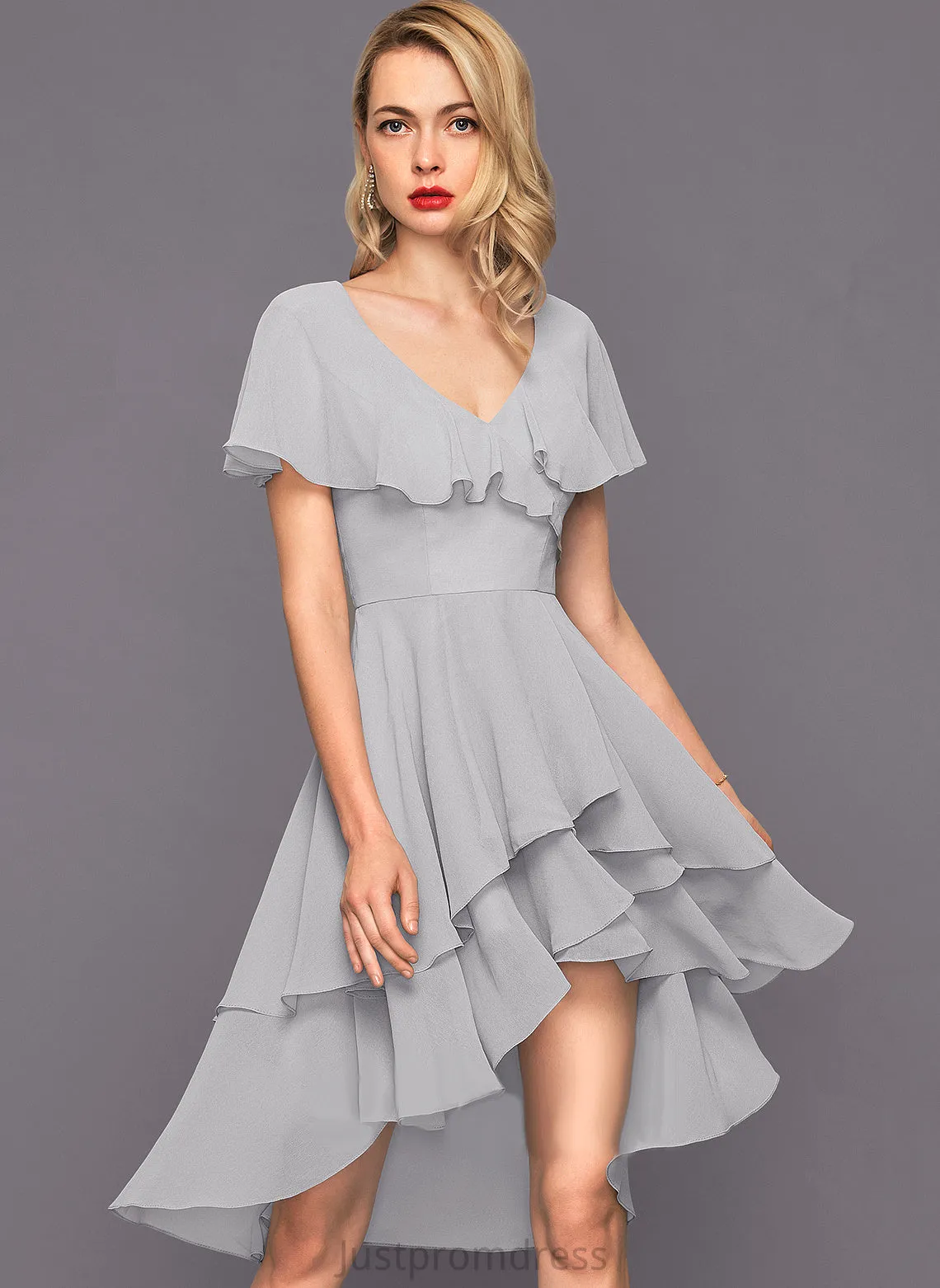 Cocktail Dresses A-Line Ruffles Chiffon Cocktail Dress Asymmetrical With Lea V-neck Cascading