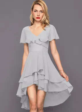 Cocktail Dresses A-Line Ruffles Chiffon Cocktail Dress Asymmetrical With Lea V-neck Cascading