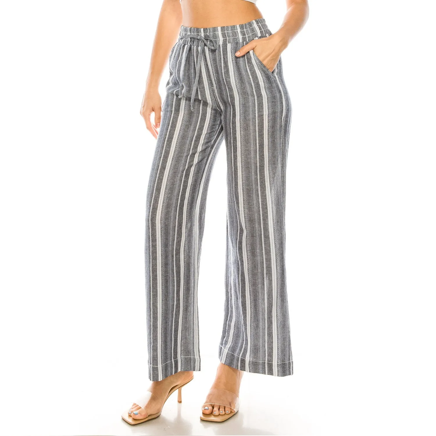 Drawstring Smocked Waistband Linen Beach Pants - Navy Combo