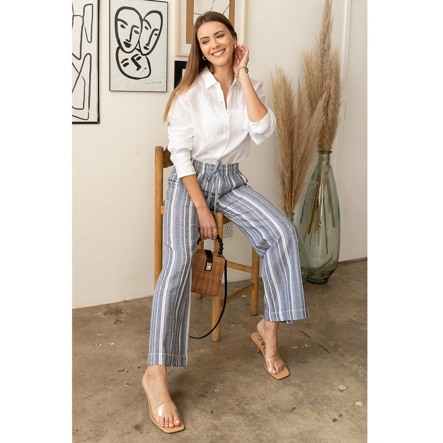 Drawstring Smocked Waistband Linen Beach Pants - Navy Combo