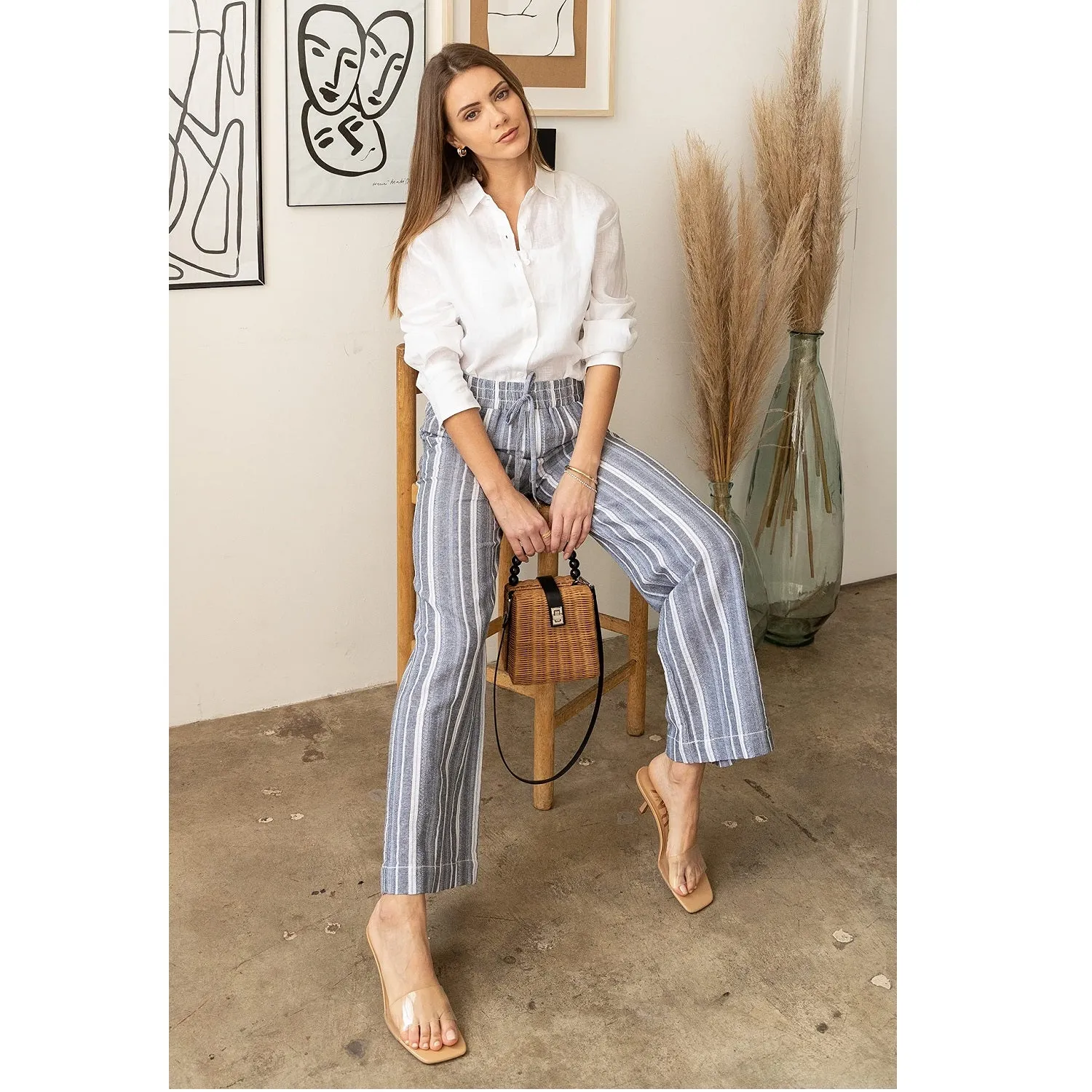Drawstring Smocked Waistband Linen Beach Pants - Navy Combo