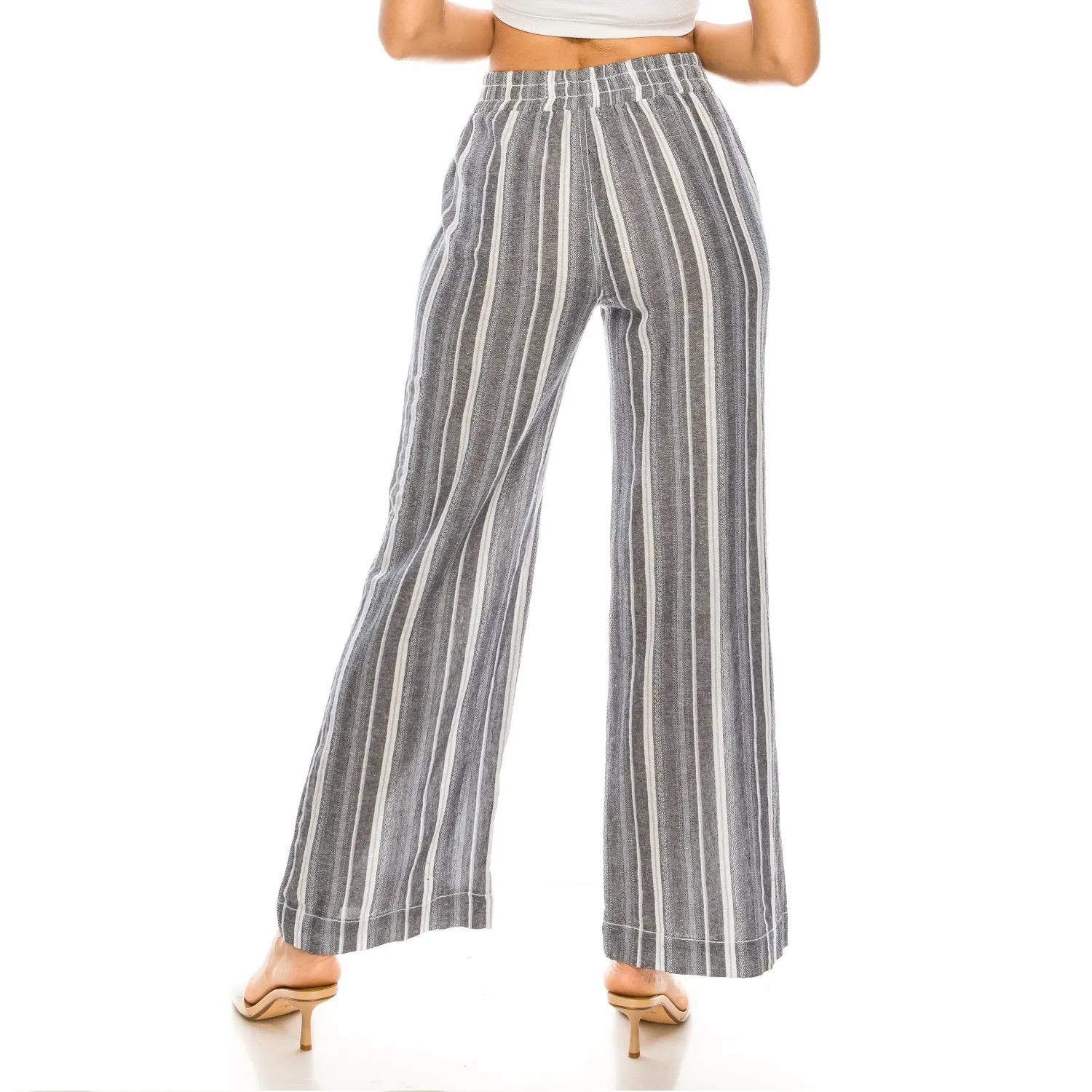 Drawstring Smocked Waistband Linen Beach Pants - Navy Combo