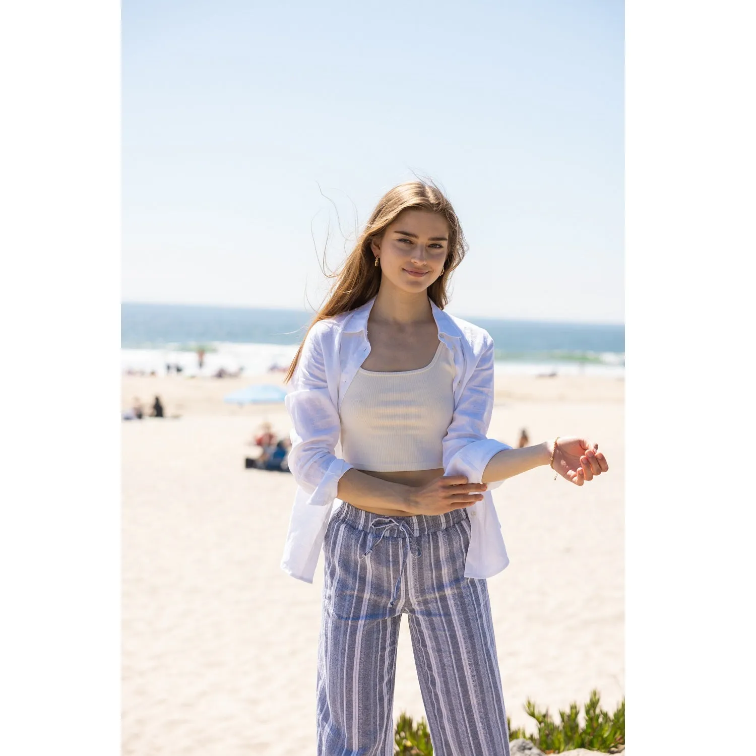 Drawstring Smocked Waistband Linen Beach Pants - Navy Combo