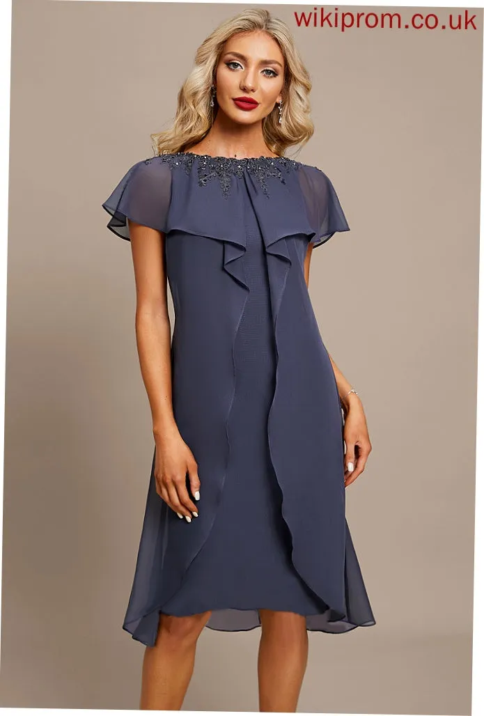 Dress Beading Appliques Cocktail Dresses Knee-Length Neck With Ruffles Cascading Lace Cocktail Chiffon Sheath/Column Marcie Scoop