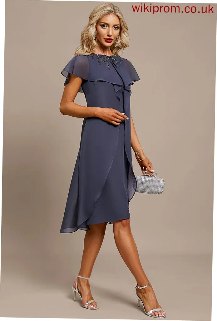 Dress Beading Appliques Cocktail Dresses Knee-Length Neck With Ruffles Cascading Lace Cocktail Chiffon Sheath/Column Marcie Scoop