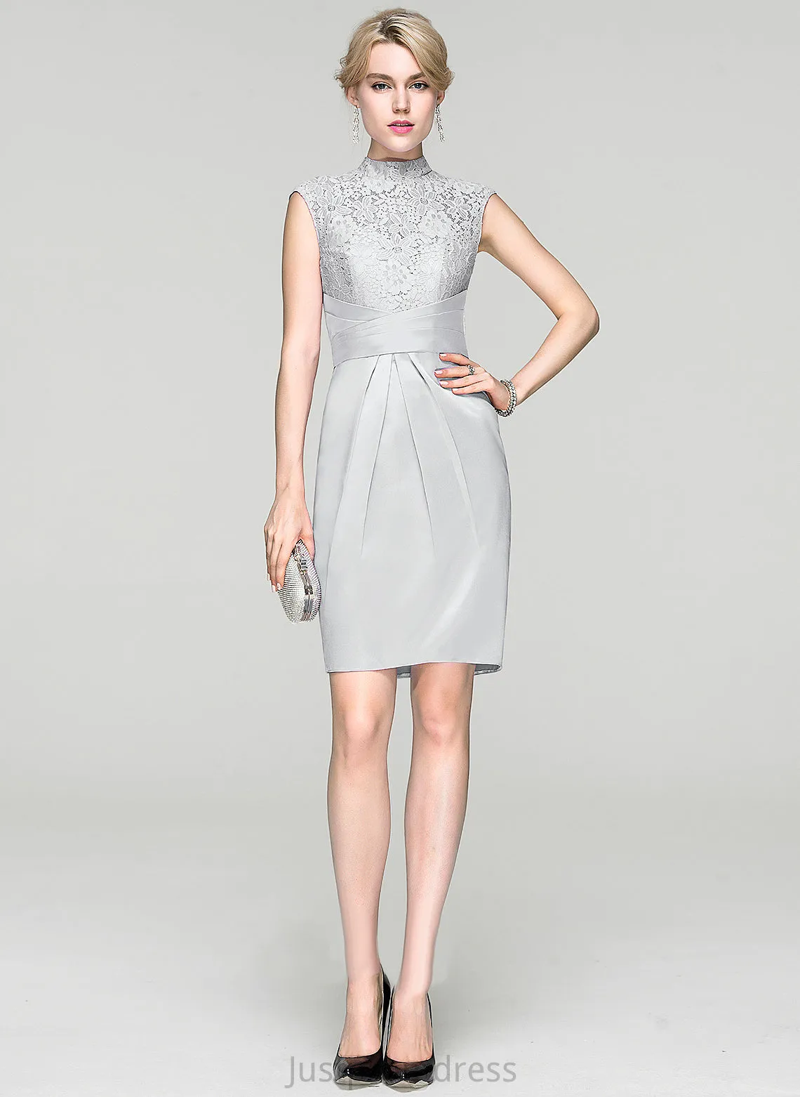 Dress Knee-Length Cocktail Dresses Lace Ruffle Sheath/Column Cocktail Vivien With Neck Charmeuse High