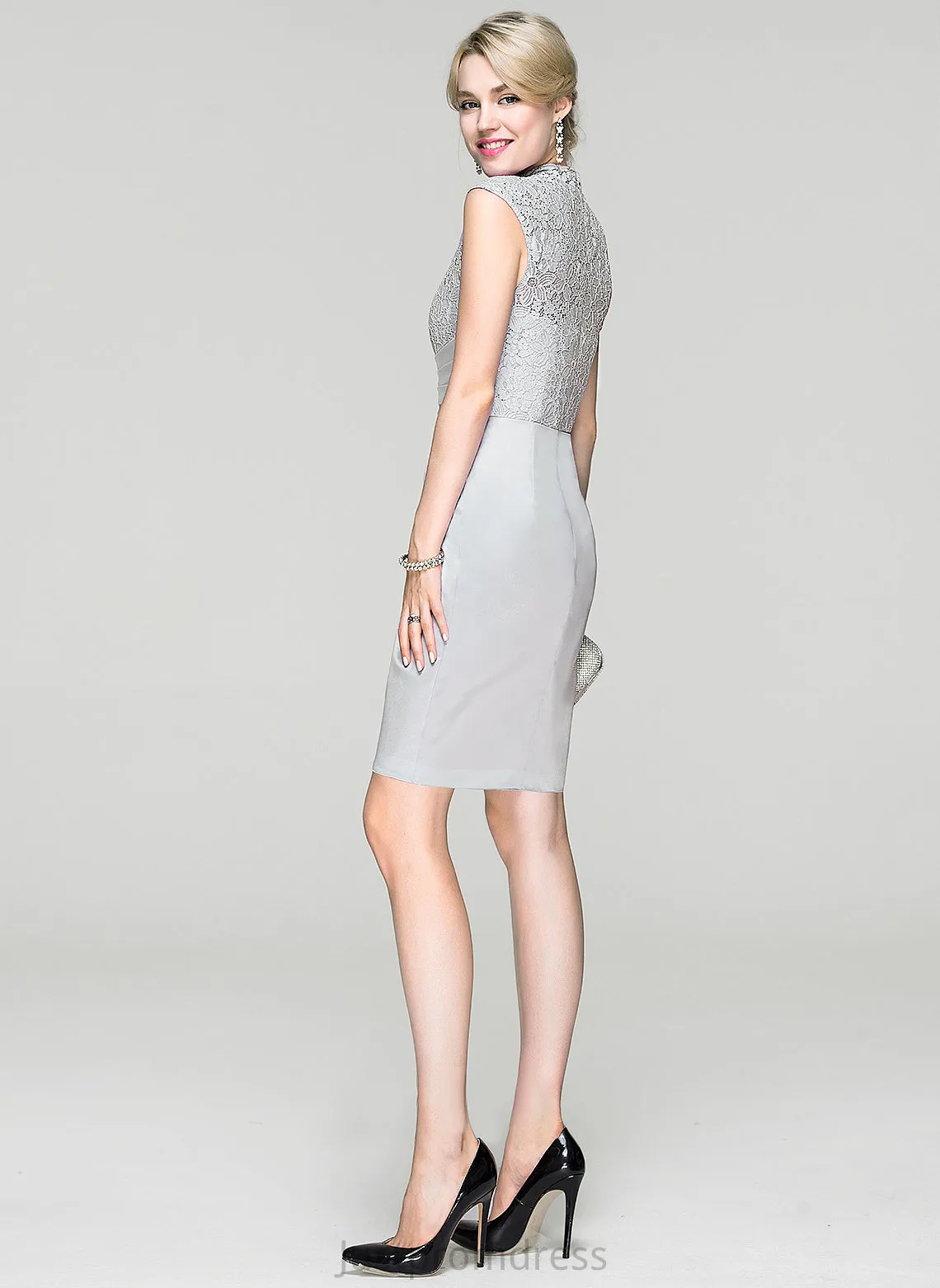 Dress Knee-Length Cocktail Dresses Lace Ruffle Sheath/Column Cocktail Vivien With Neck Charmeuse High