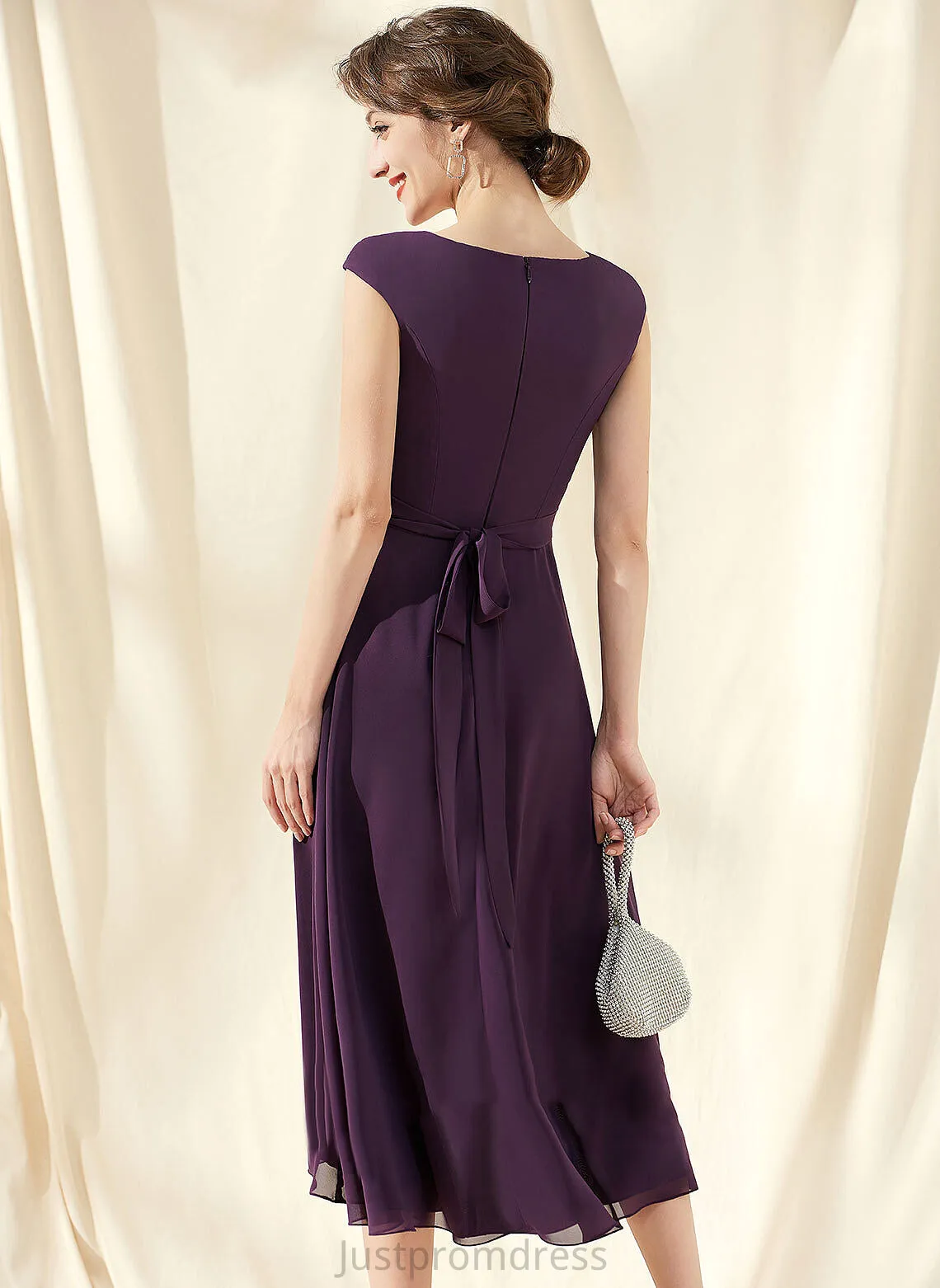 Dress Neck With Ruffles Meghan Bow(s) Scoop Cocktail Cocktail Dresses Cascading Asymmetrical A-Line Chiffon