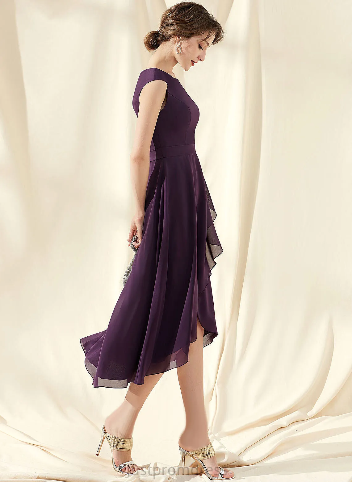 Dress Neck With Ruffles Meghan Bow(s) Scoop Cocktail Cocktail Dresses Cascading Asymmetrical A-Line Chiffon