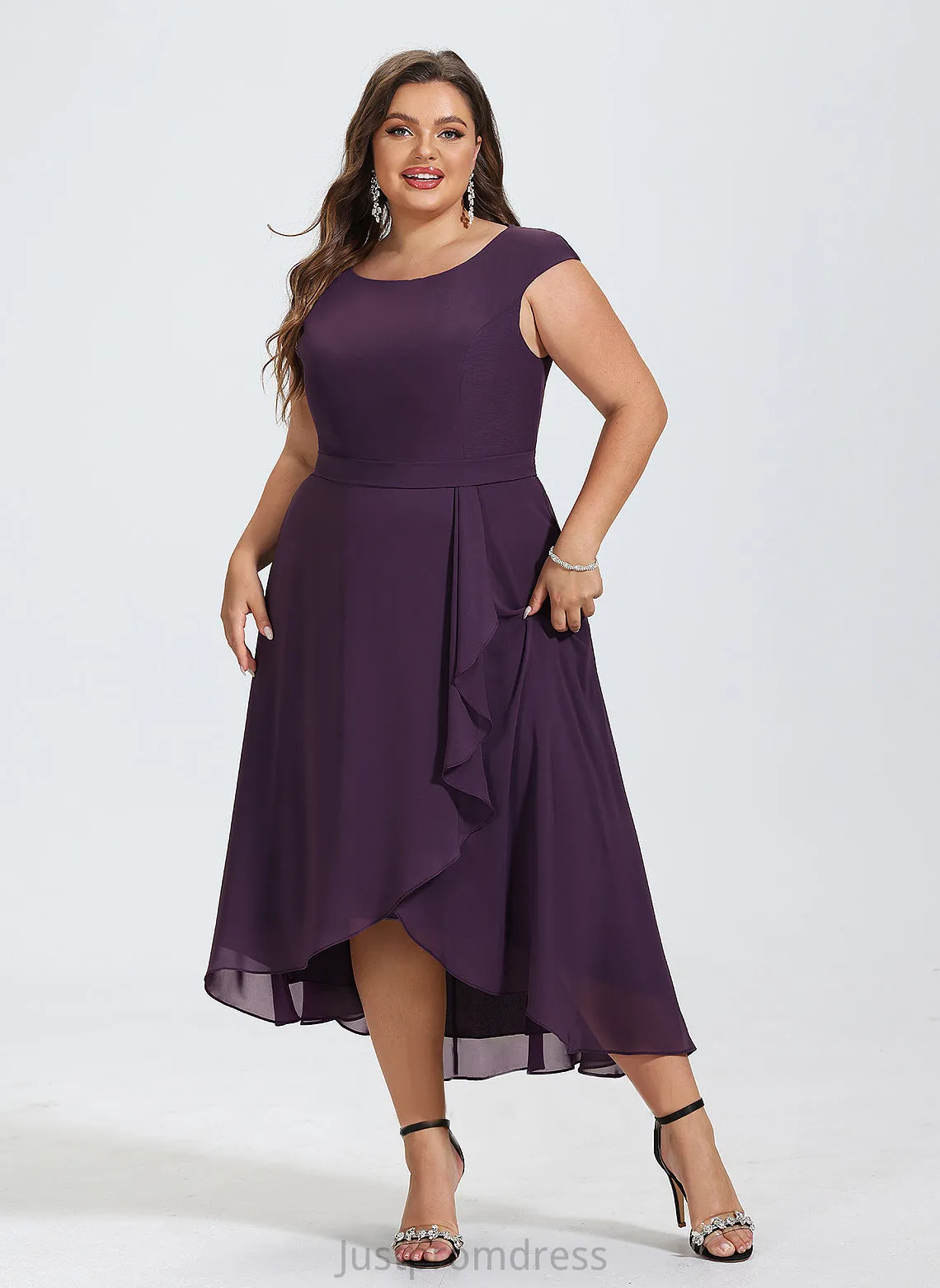Dress Neck With Ruffles Meghan Bow(s) Scoop Cocktail Cocktail Dresses Cascading Asymmetrical A-Line Chiffon