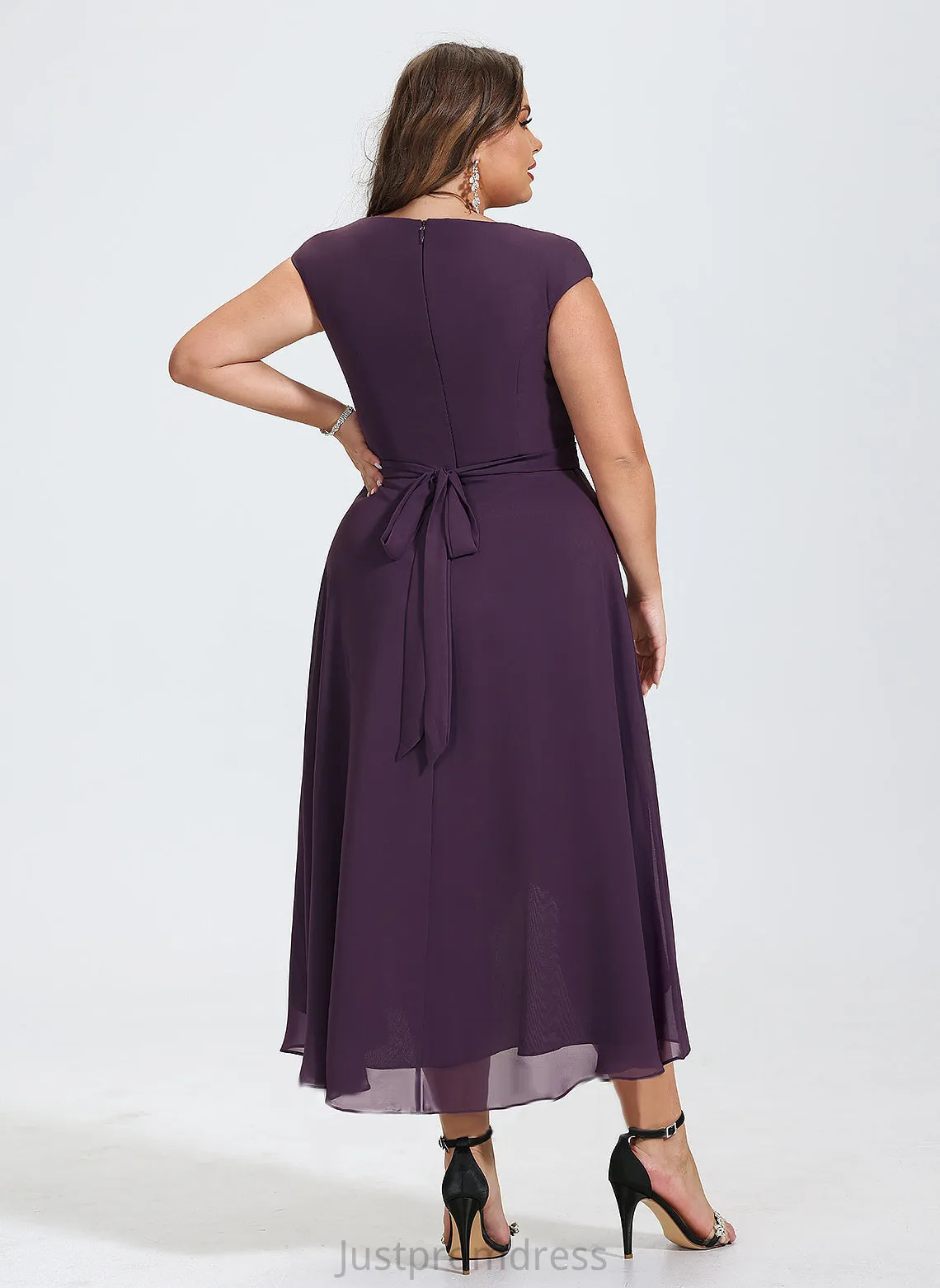 Dress Neck With Ruffles Meghan Bow(s) Scoop Cocktail Cocktail Dresses Cascading Asymmetrical A-Line Chiffon