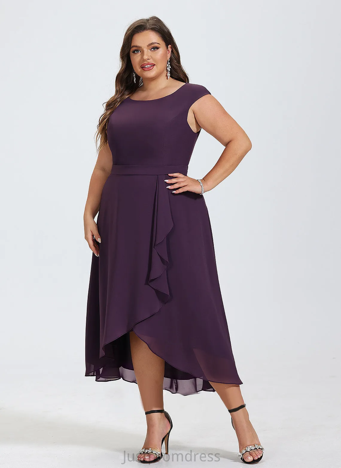 Dress Neck With Ruffles Meghan Bow(s) Scoop Cocktail Cocktail Dresses Cascading Asymmetrical A-Line Chiffon
